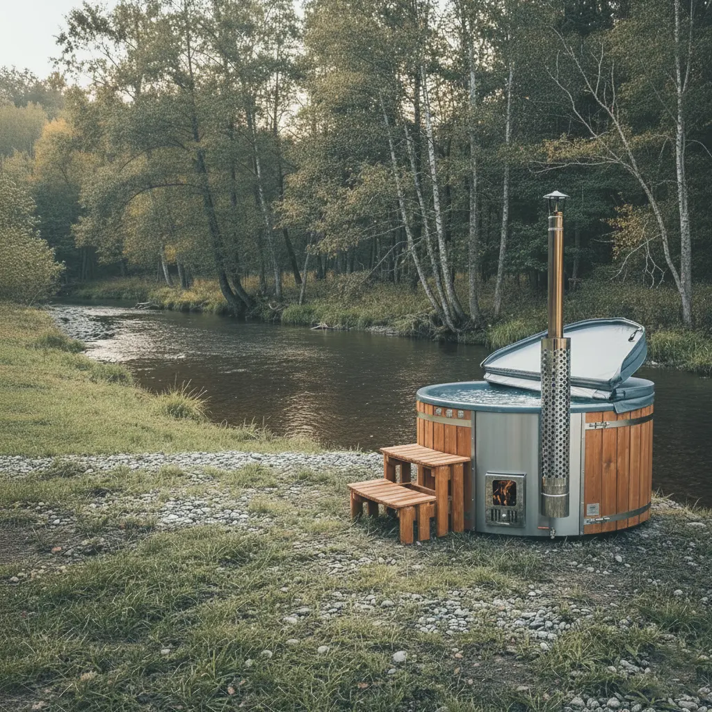 Jacuzzi mit Holzofen am Seeufer im Winter