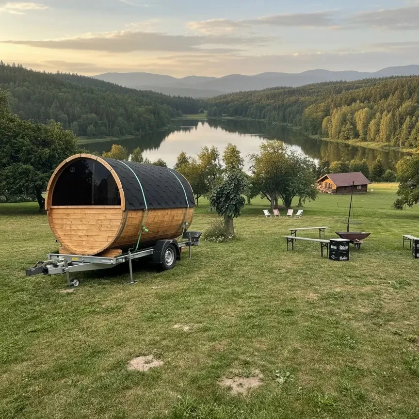 Fasssauna auf Anhänger vor See und Bergen in natürlicher Landschaft