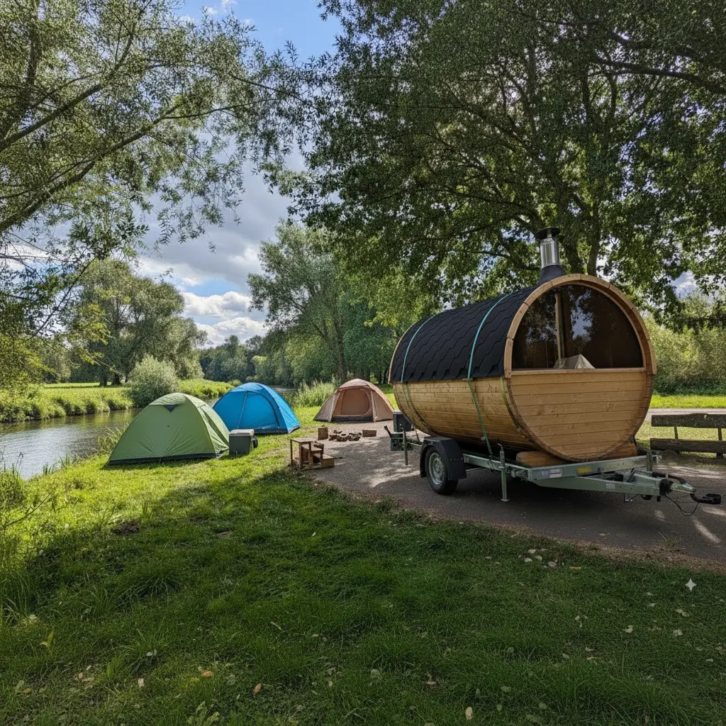 Mobile Fasssauna auf Anhänger neben Zelten am Flussufer auf einem grünen Campingplatz bei sonnigem Wetter.