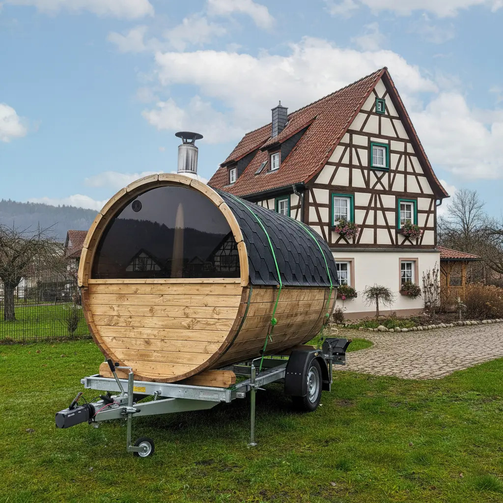 Mobile Holzfasssauna auf Anhänger vor einem traditionellen deutschen Fachwerkhaus im Grünen.