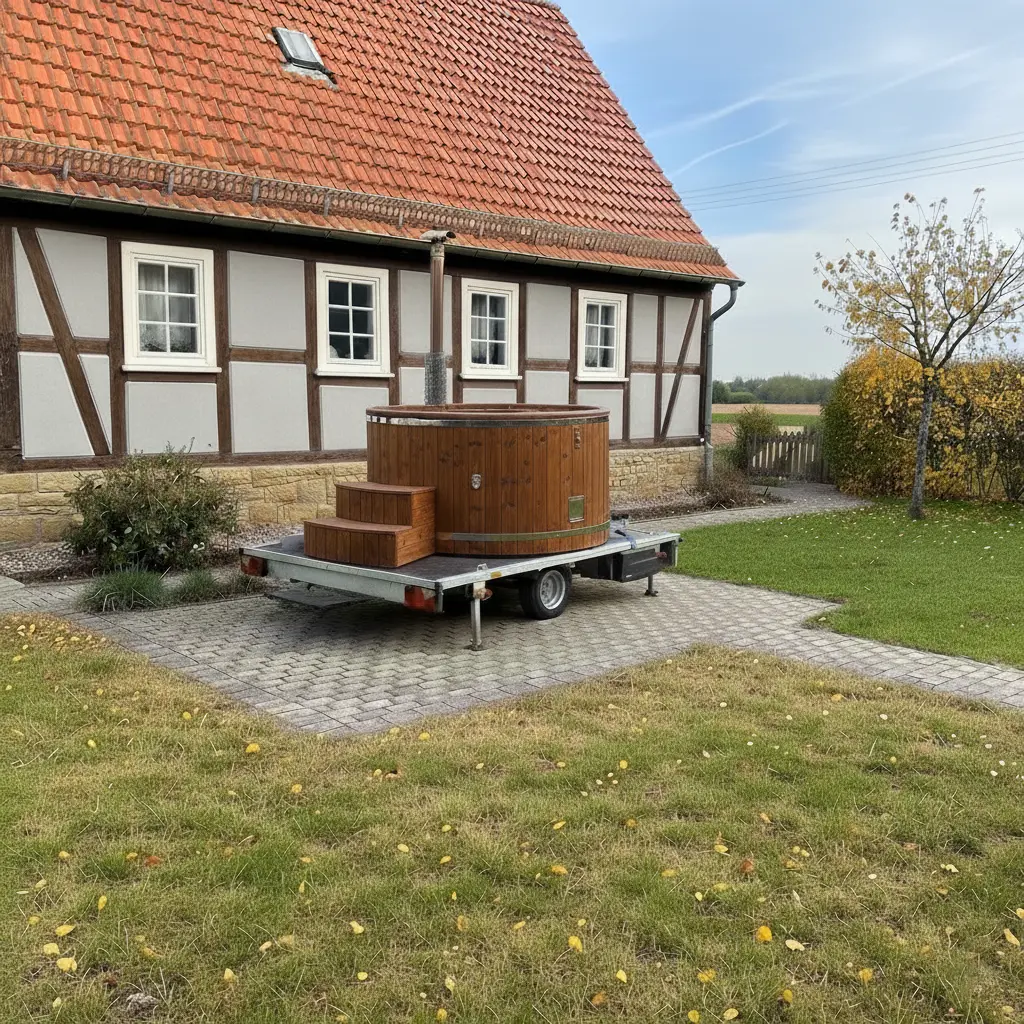 Mobiler Holz-Whirlpool auf Anhänger vor einem traditionellen deutschen Fachwerkhaus mit rotem Dach.
